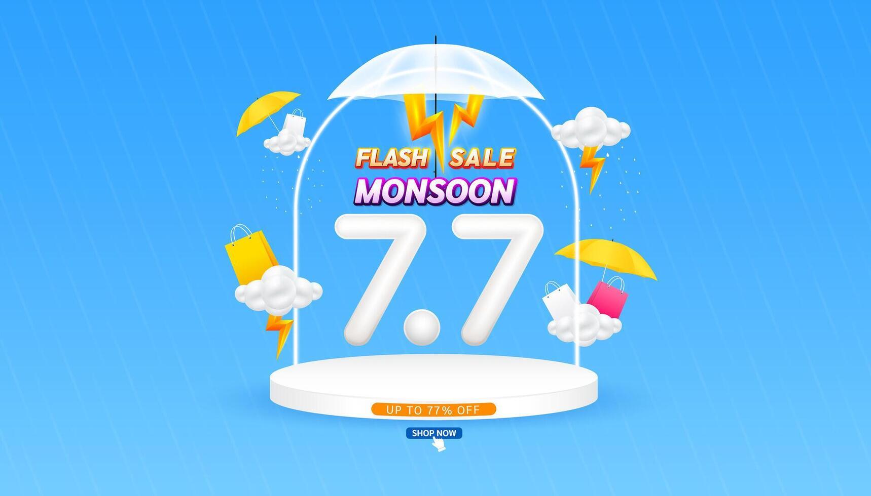 Monsoon super flash sale 7.7 UP TO 77 OFF with yellow thunder sign. Shopping under umbrella in rain with special offer campaign promotion. For social media ads blank product podium scene. vector