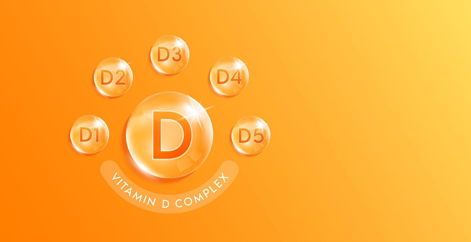 Vitamin D complex droplet, chemical formula from nature. Minerals water orange. Beauty treatment nutrition skincare design. With copy space for text. Medical scientific concepts. vector