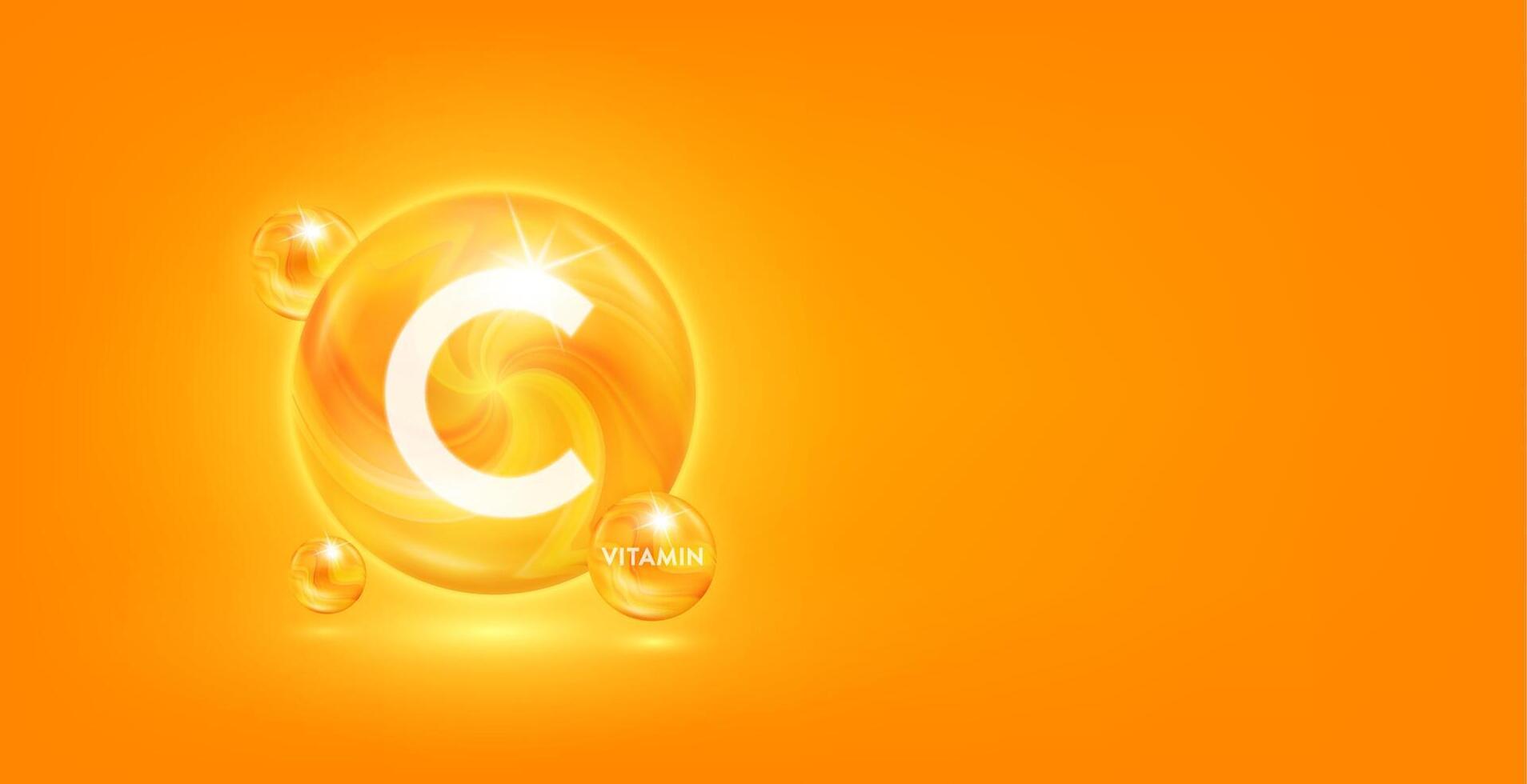 Vitamin C capsule orange golden. Vitamins complex isolated on orange background. Beauty nutrition skincare. For product banner design with copy space for text. Medical concepts. Icon 3D EPS10. vector