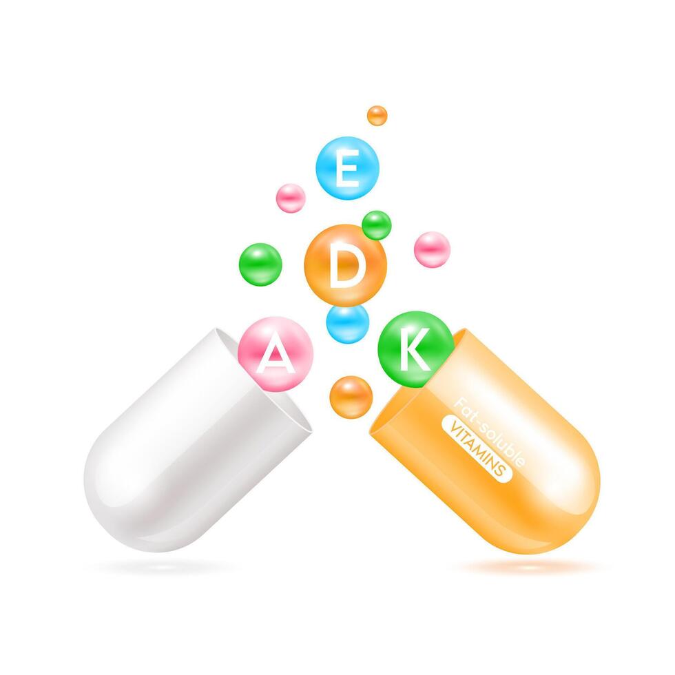 Fat soluble vitamins in capsule orange isolated on white background. Essential minerals multivitamins for human body. Medical concepts. Ad dietary supplement for pharmacy or clinic. vector