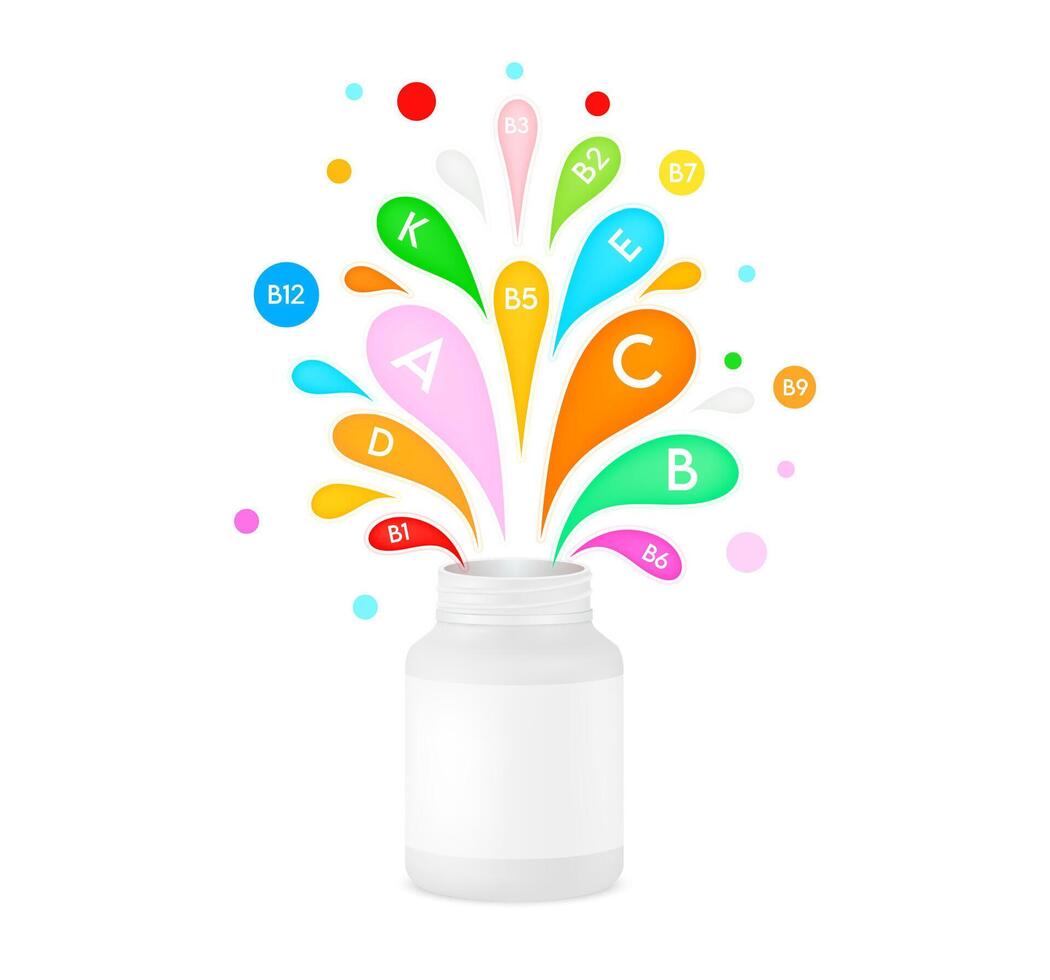 Multicolored vitamin drops float out of a white pill bottle. vector