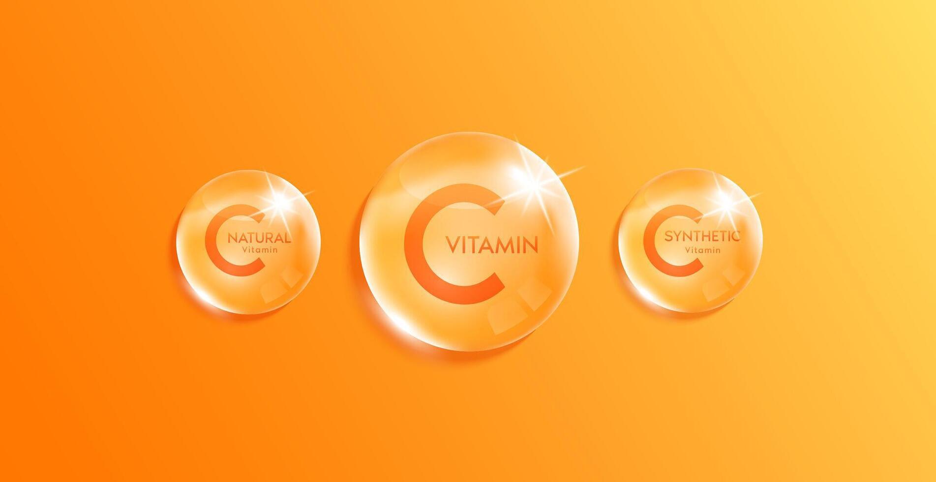 Vitamin C complex minerals water orange. Synthetic and Natural vitamin droplet. Beauty nutrition skincare. Medical scientific concepts. Realistic 3D . vector