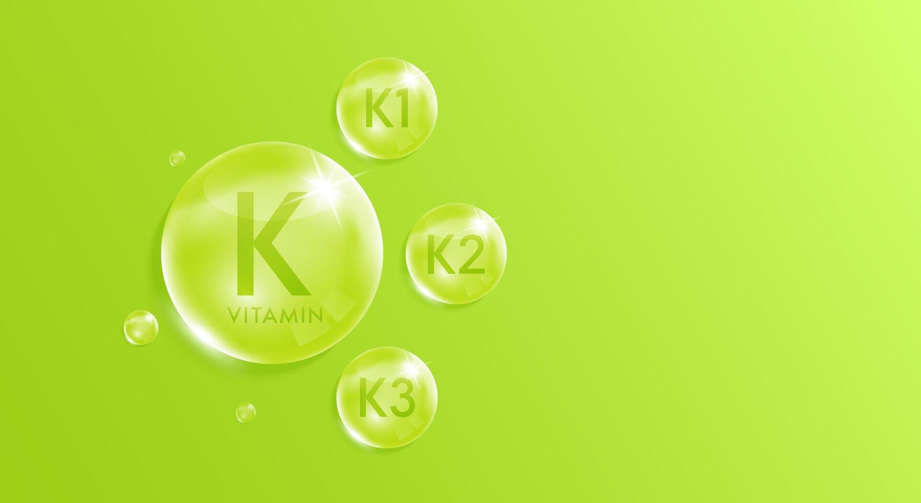 Vitamin K complex droplet. Chemical formula nature extracted from fruits and vegetables. Minerals water green. With copy space for text. Medical scientific concepts. Realistic 3D. vector