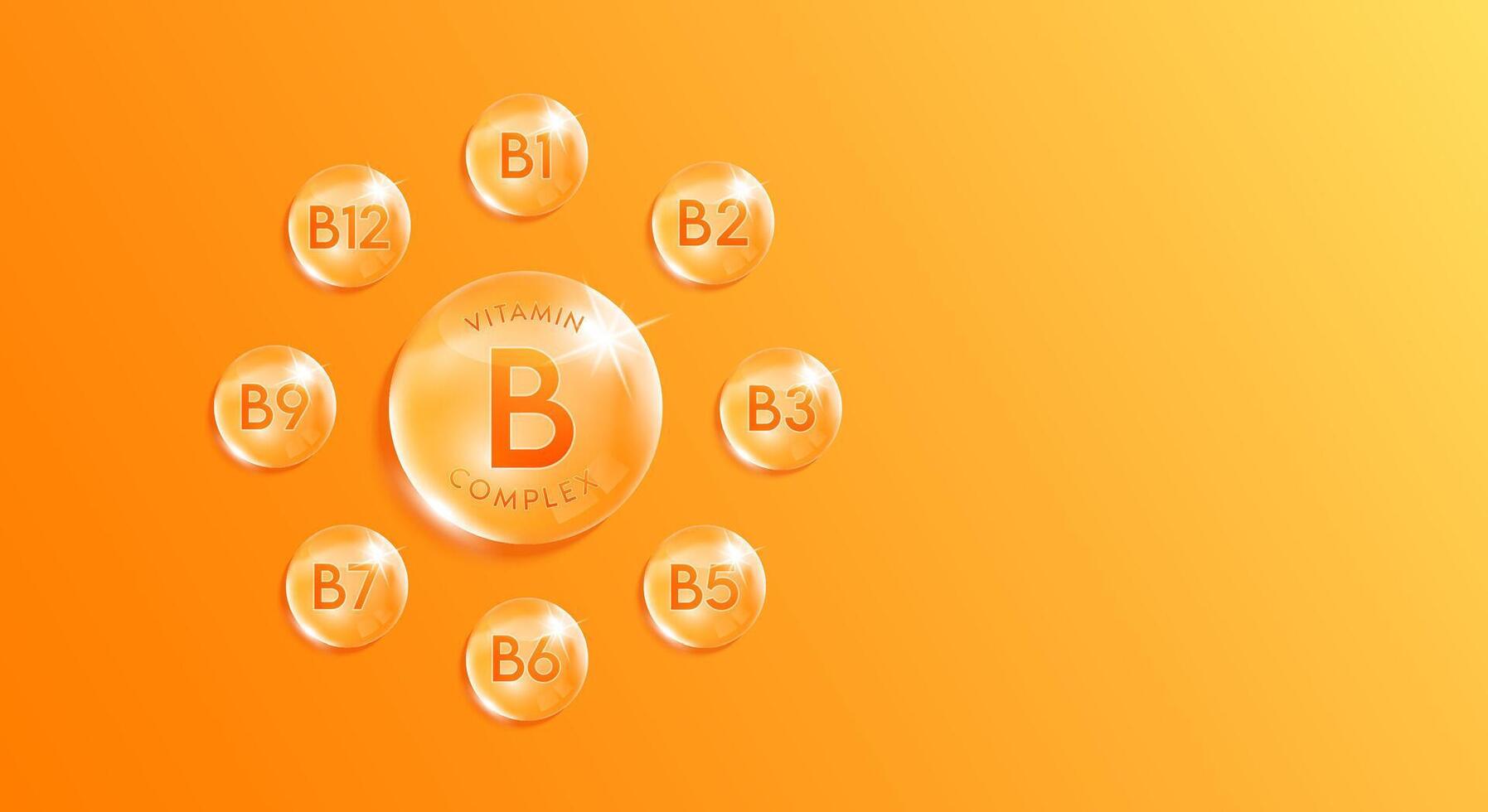 Vitamin B complex droplet, chemical formula from nature. Minerals water orange. Beauty treatment nutrition skin care design. With copy space for text. Medical scientific concepts. vector