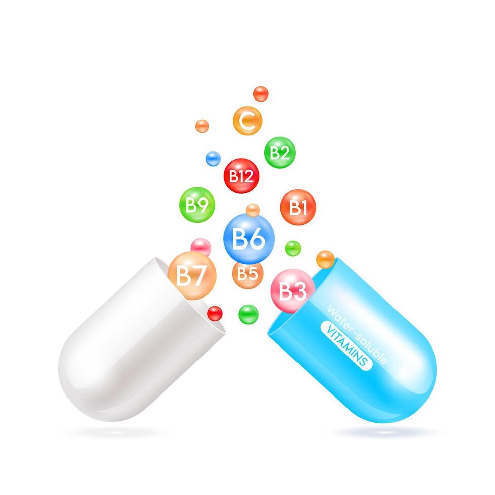 Water soluble vitamins in capsule blue isolated on white background. Essential minerals multivitamins for human body. Medical concepts. Ad dietary supplement for pharmacy or clinic. vector