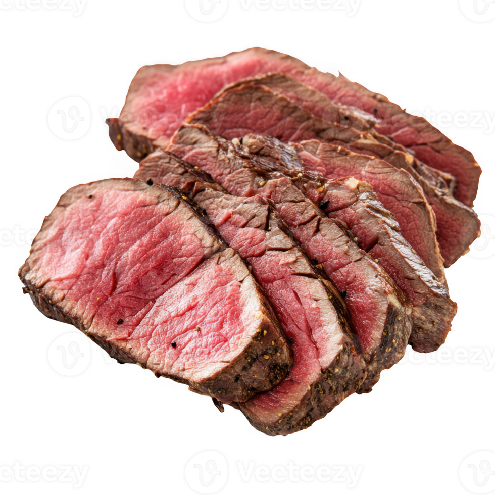 Sliced rare roast beef close up view on transparent background png