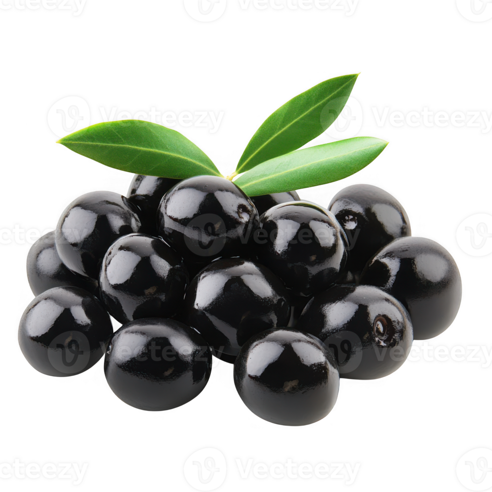 Pile of shiny black olives with leaves on transparent background png