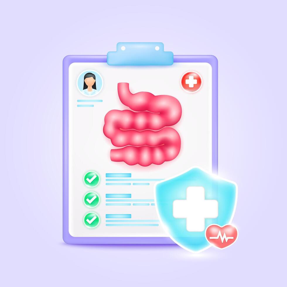 Medical document form board. Small intestine check up list for health doctor. Symbol cross in shield, red heart pulse line with check mark green button. Health care concept. 3d icon cartoon. vector