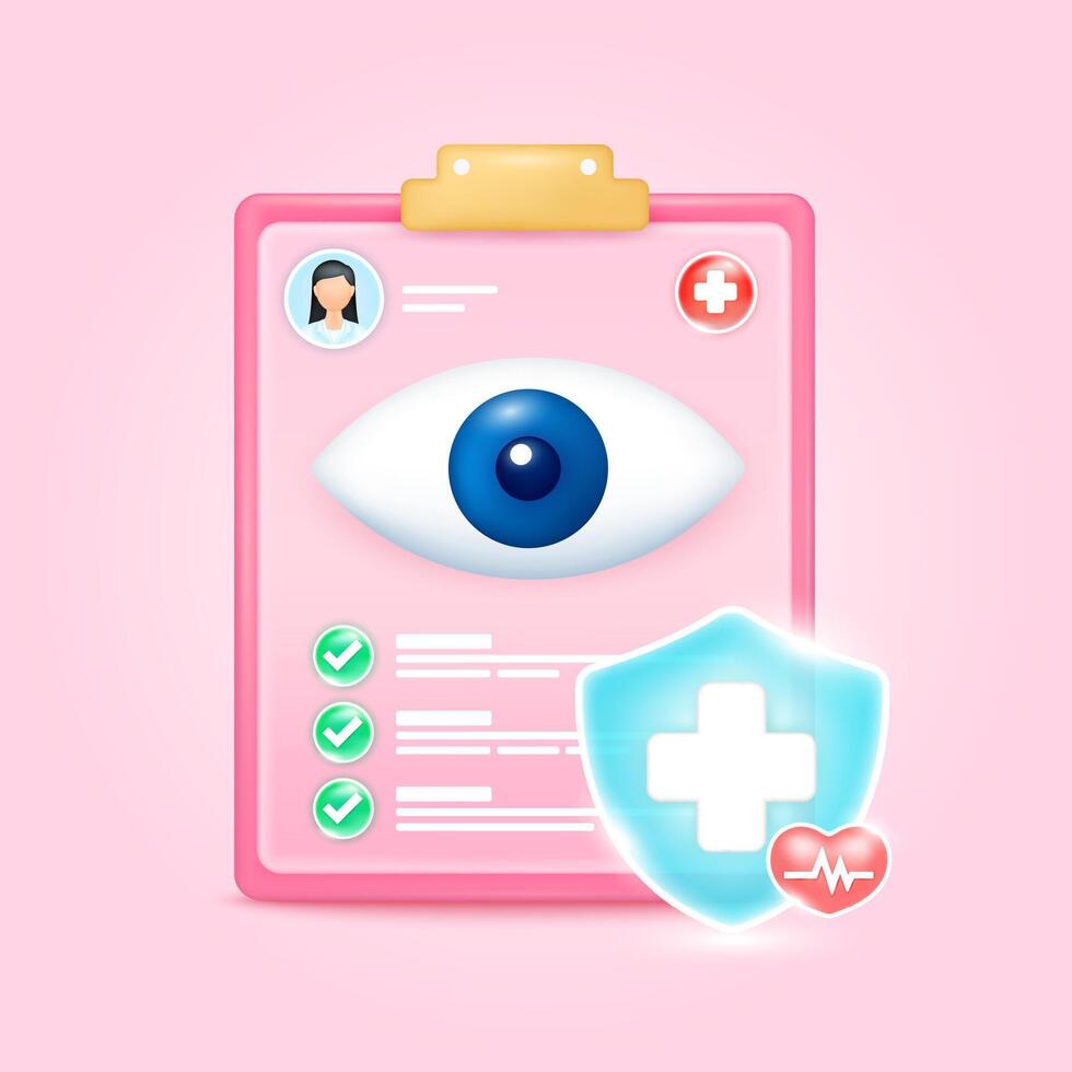 Medical document form board. Eye check up list for health doctor. Symbol cross in shield, red heart pulse line with check mark green button. Health care concept. 3d icon cartoon. vector