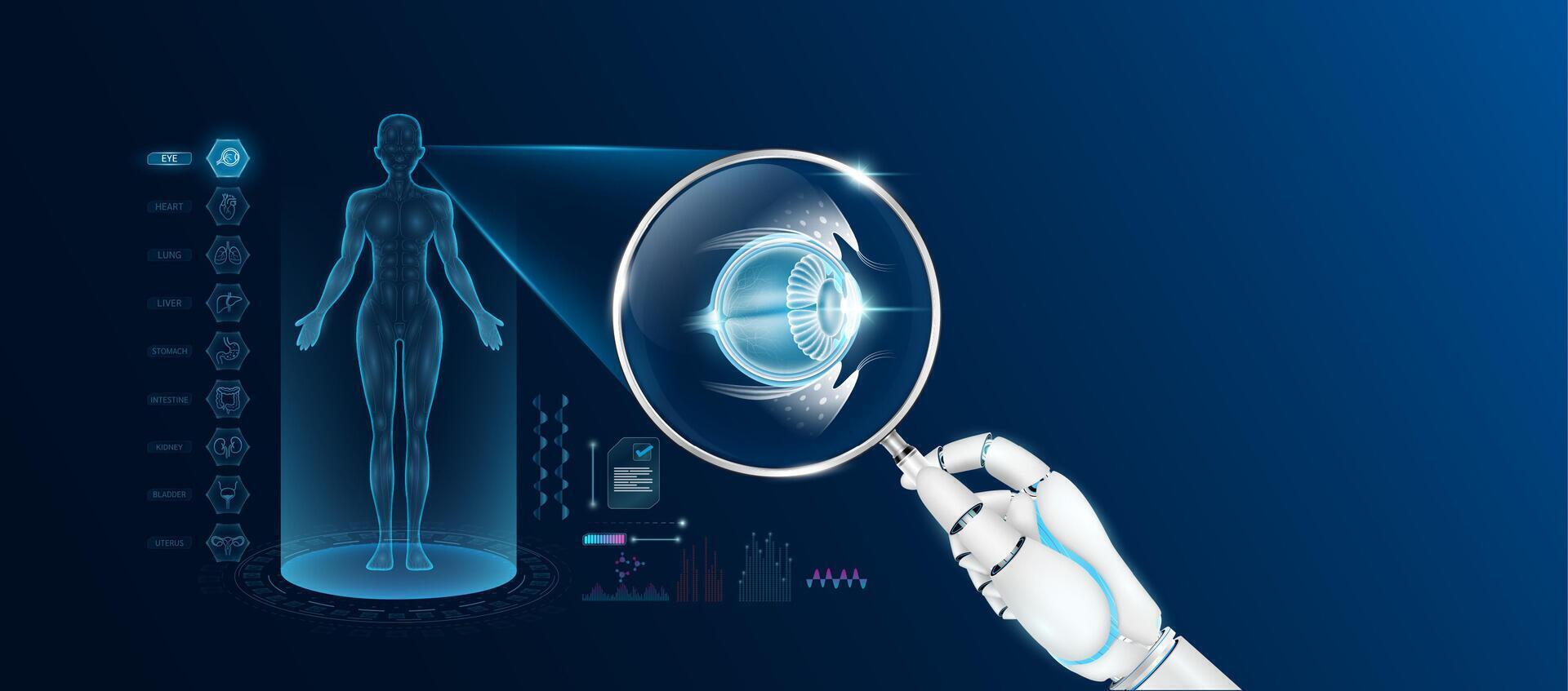Doctor robot hand holding magnifying glass looking eyeball analysis and anatomy hologram of the female body. Diagnosis with AI artificial intelligence technology. Innovative medical healthcare. vector