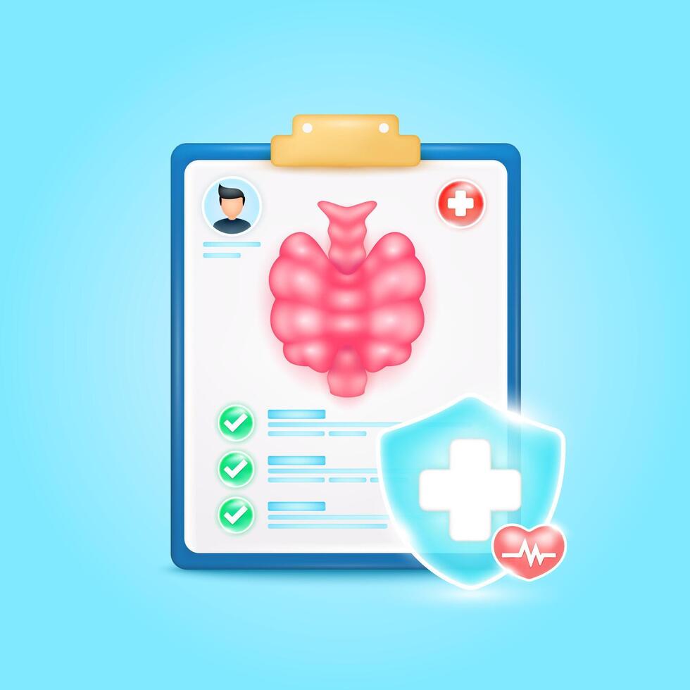 Medical document form board. Thyroid organ check up list for health doctor. Symbol cross in shield, red heart pulse line with check mark green button. Health care concept. 3d icon cartoon. vector