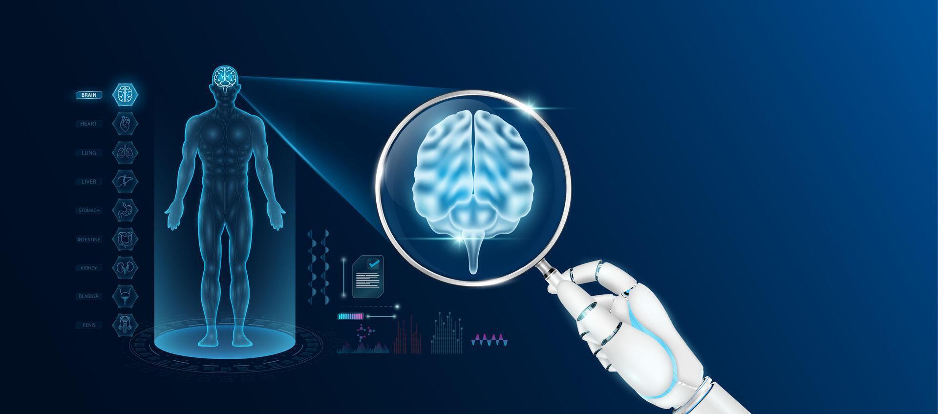 Doctor robot hand holding magnifying glass looking brain analysis diagnosis with AI artificial intelligence technology. Anatomy hologram of the male body. Innovative medical healthcare. vector