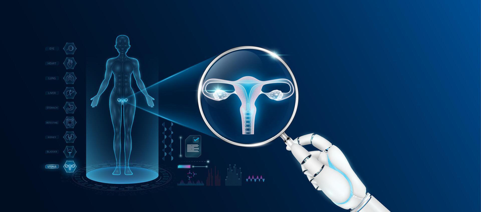 Doctor robot hand holding magnifying glass looking uterus analysis and anatomy hologram of the female body. Diagnosis with AI artificial intelligence technology. Innovative medical healthcare. vector