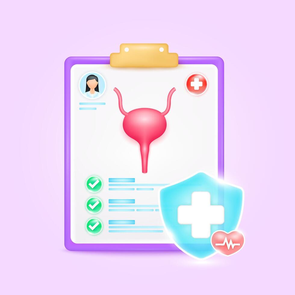 Medical document form board. Bladder check up list for health doctor. Symbol cross in shield, red heart pulse line with check mark green button. Health care concept. 3d icon cartoon. vector