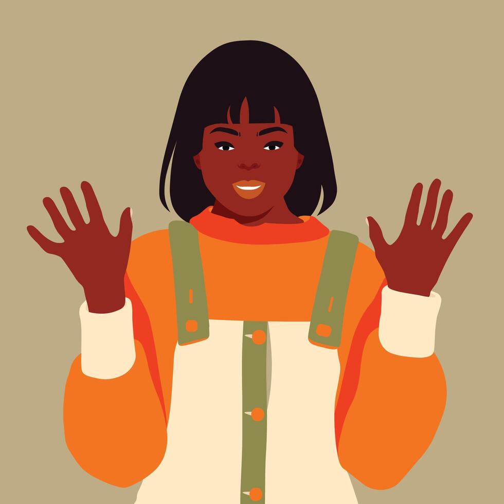 Beautiful black woman with both hands up vector