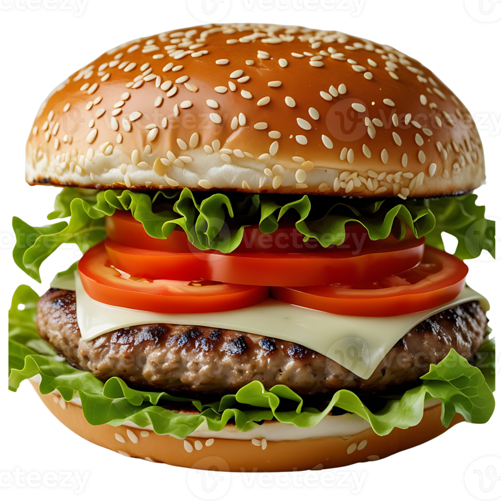 Delicious cheeseburger with lettuce tomato and beef patty png