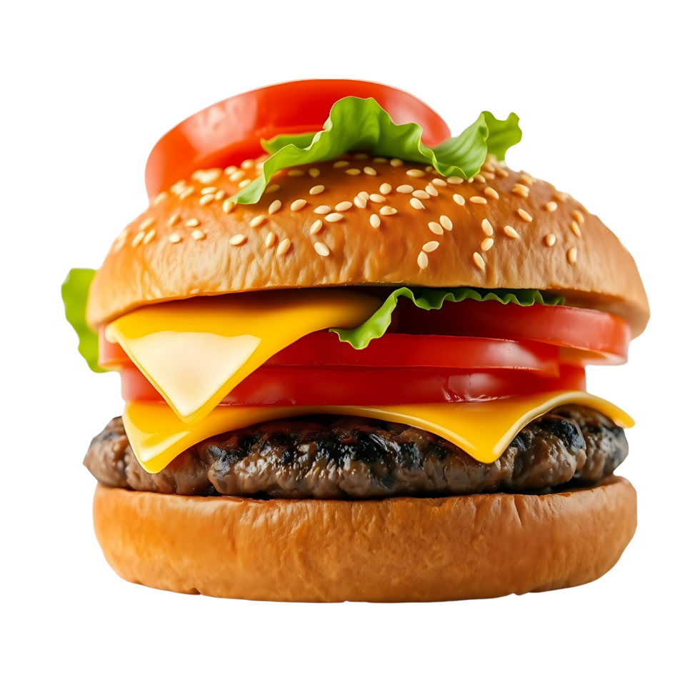 Delicious juicy cheeseburger with fresh lettuce and tomato on a sesame bun png