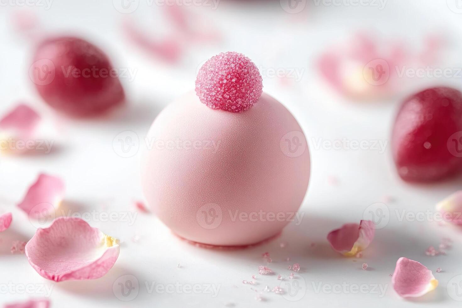 Delicate entremet with rose-pink tones and white chocolate velvet coating on crisp almond biscuit photo