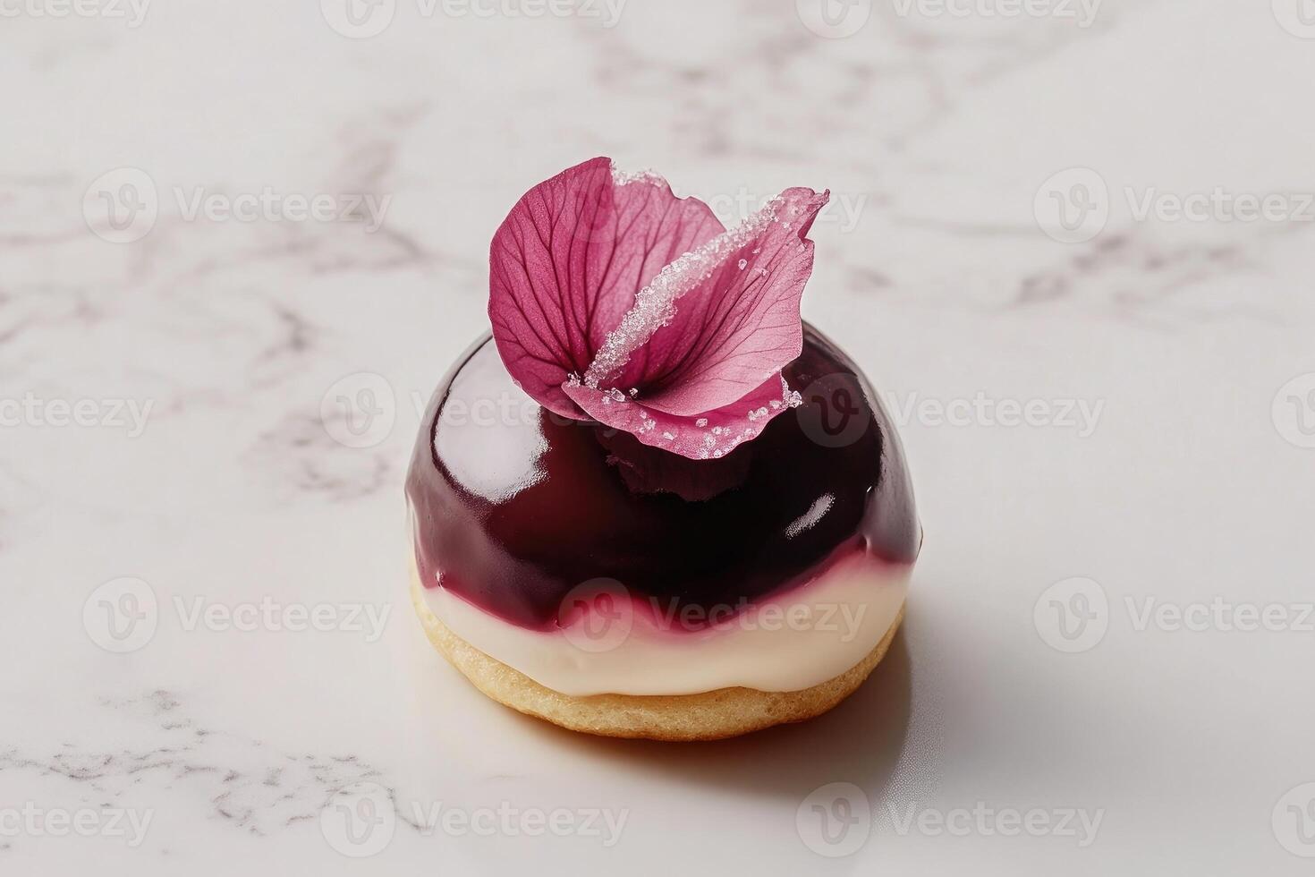Minimalist profiterole topped with tropical guava ganache and crystallized hibiscus petal in refined monochrome styling photo