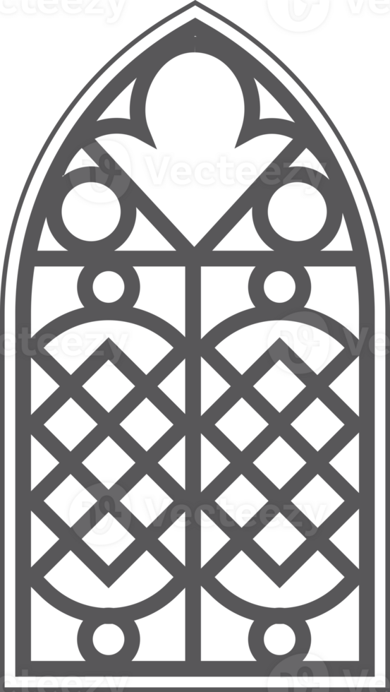 Church window with arched frame and stained glass. Gothic architecture element. Medieval castle door silhouette. Catholic interior decoration. png