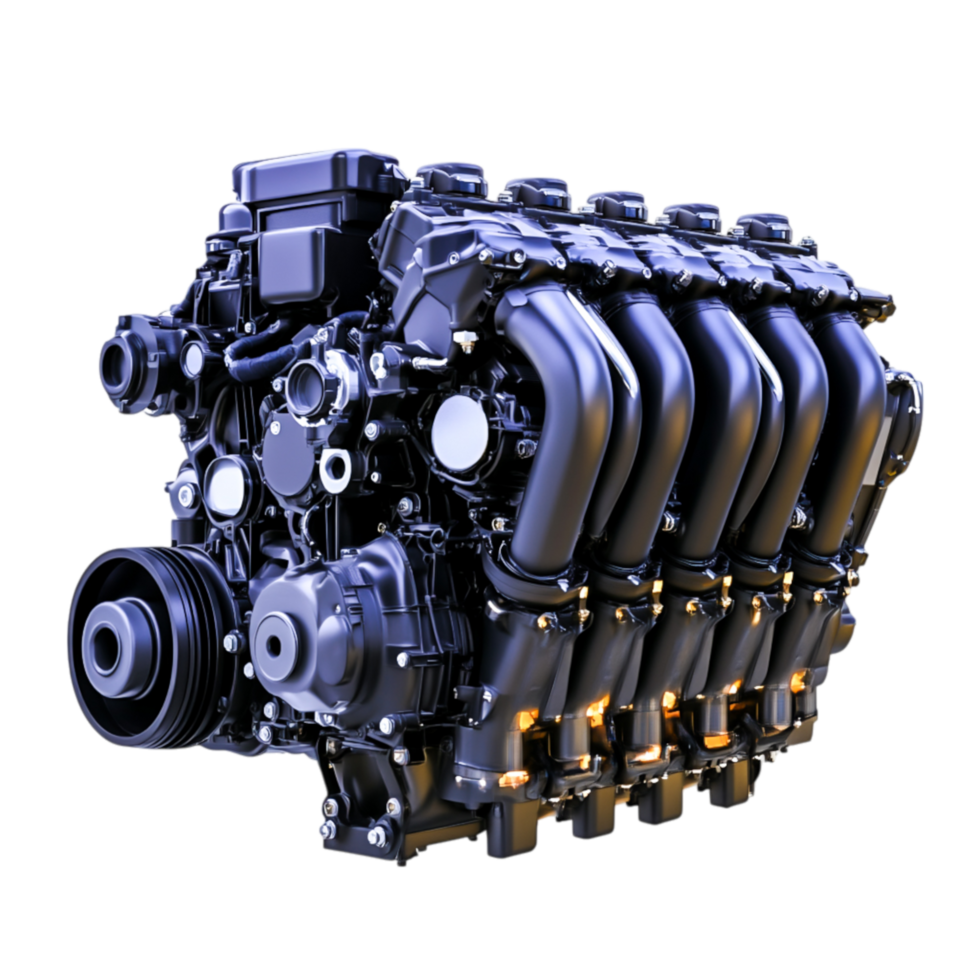 Detailed closeup of a Modern Inline Engine with Multiple Cylinders and Components png
