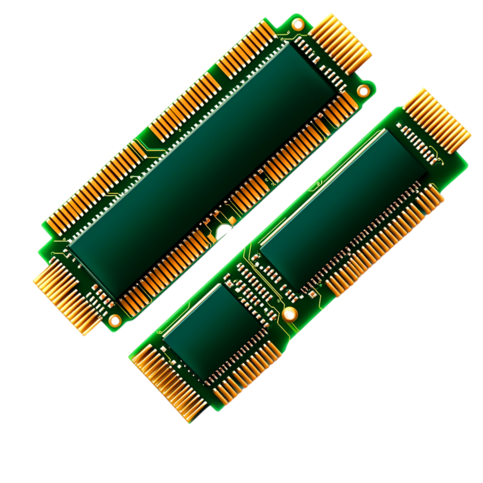 closeup of two computer memory modules with intricate circuit board design png