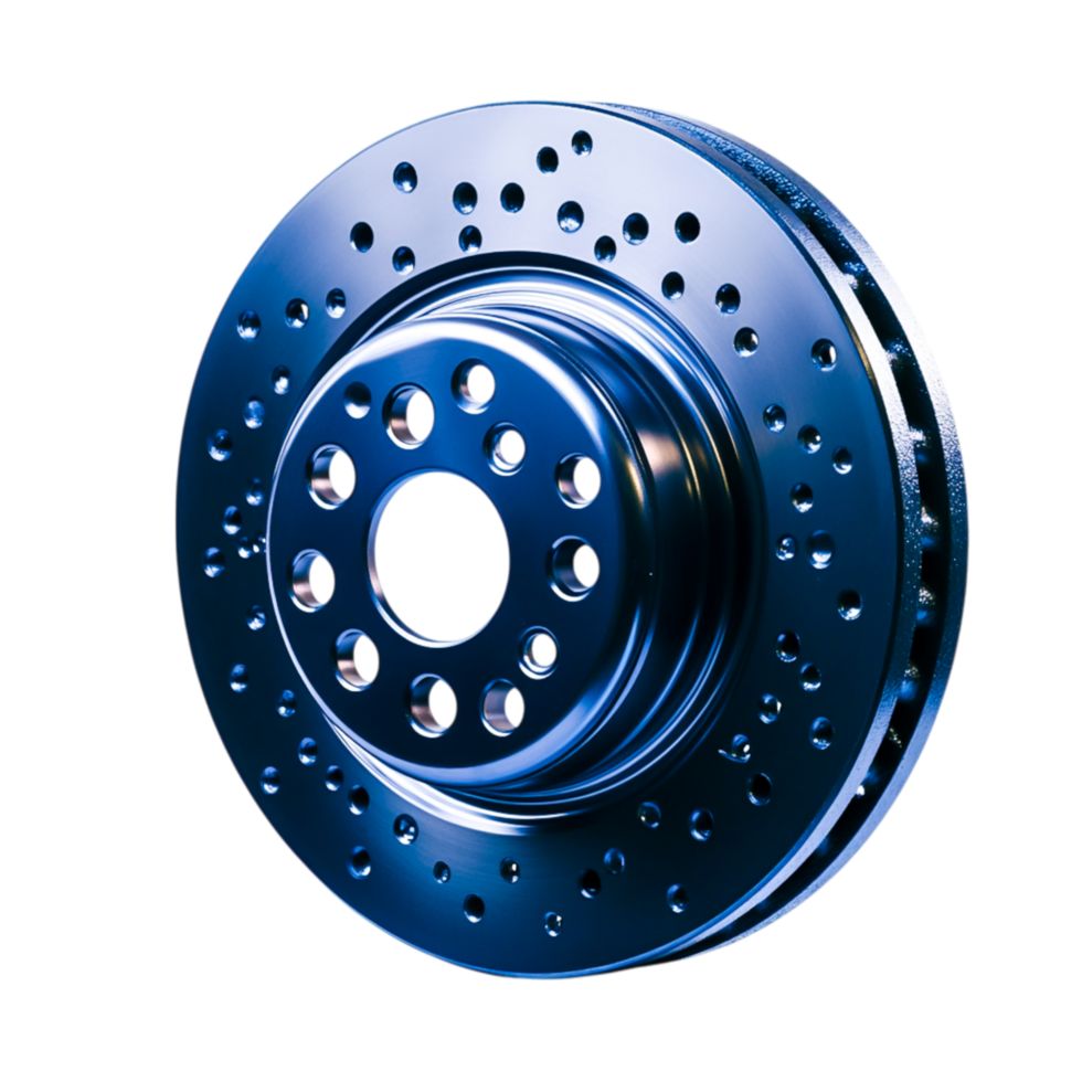 Detailed closeup of a Metallic Brake Disc with Holes and Textured Surface Finish png