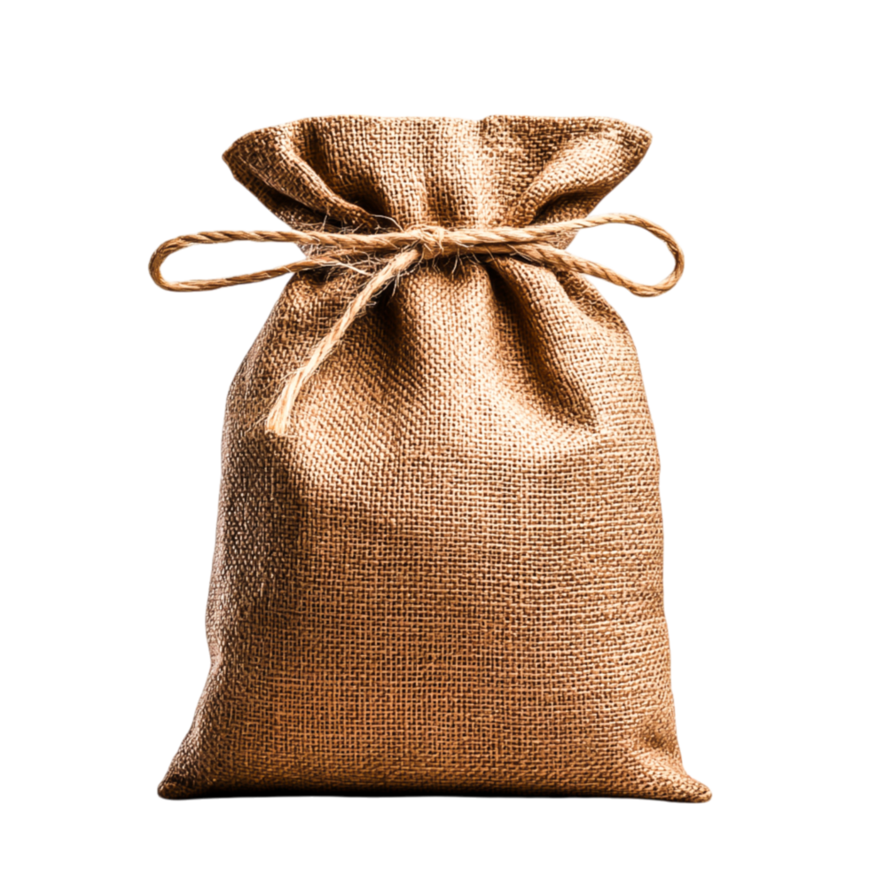 Rustic burlap sack tied with string, for design use png