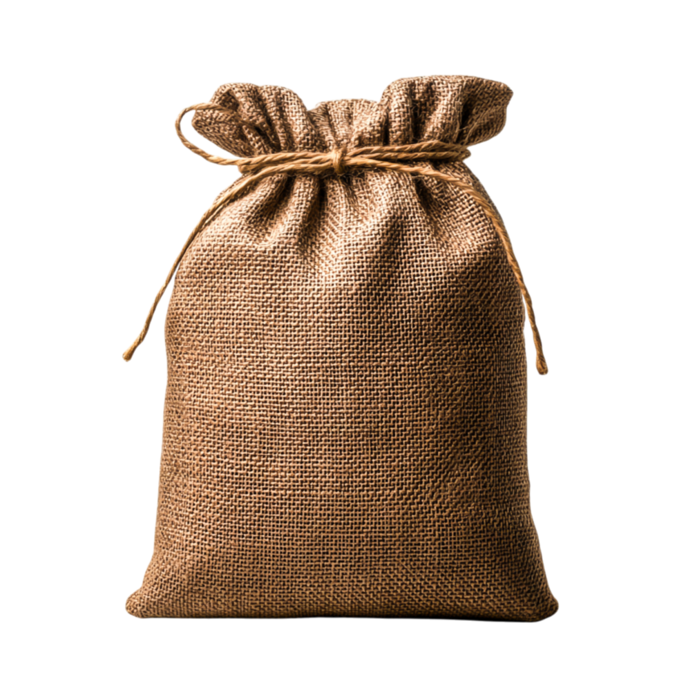 Brown burlap sack tied with string, for various uses png