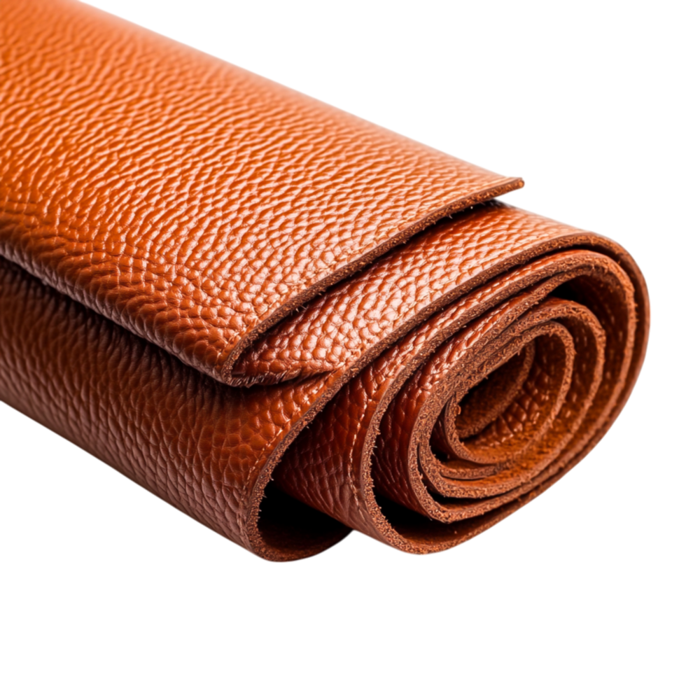 closeup of Rolled Brown Leather Texture with Detailed Grain and Warm Tones png
