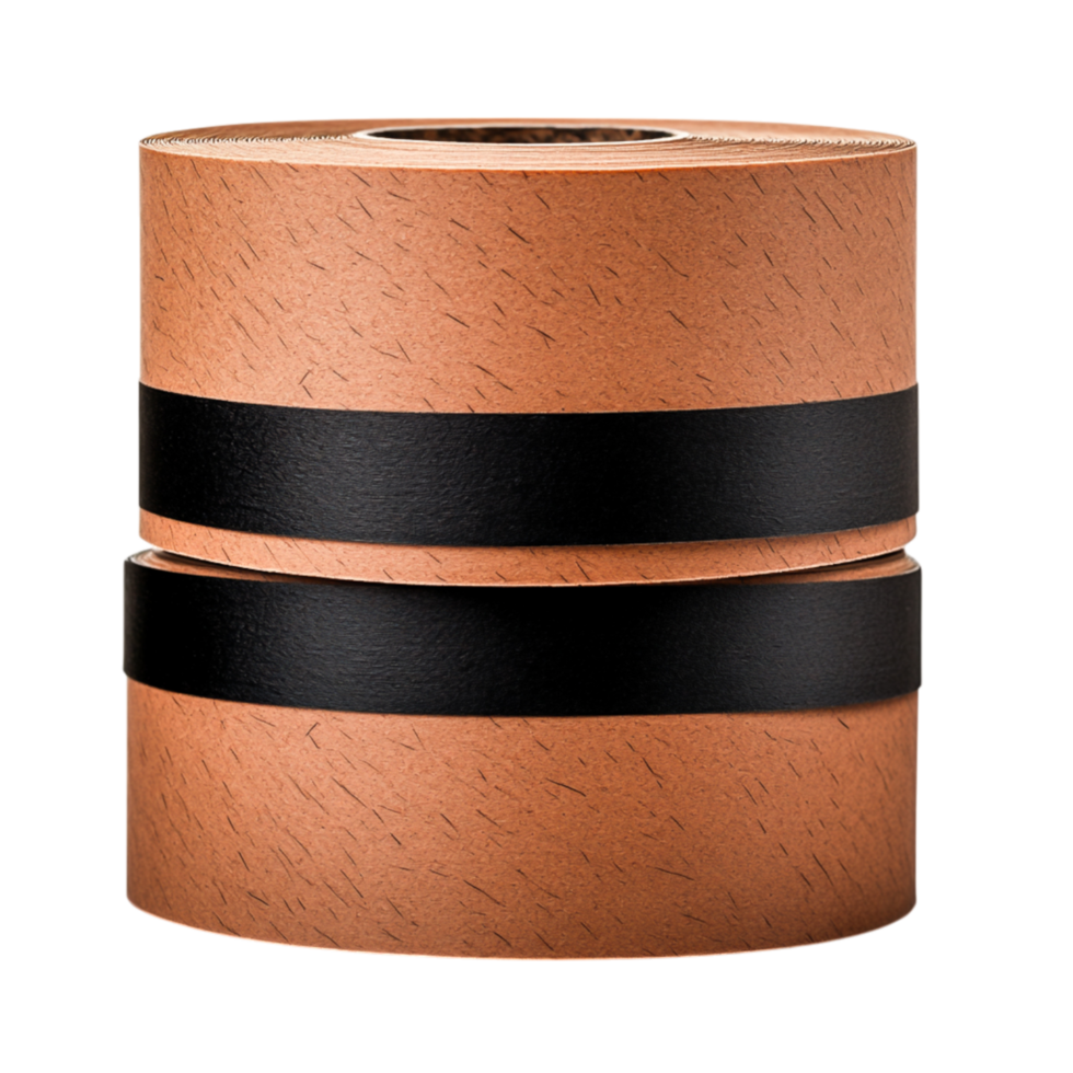 Roll of adhesive tape with black stripe wrapped around a natural paper base png