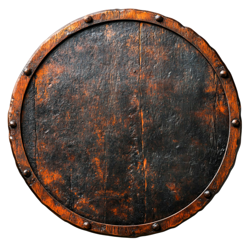 Rustic Round Wooden Shield with Dark Texture and Weathered Finish for Historical Theme png