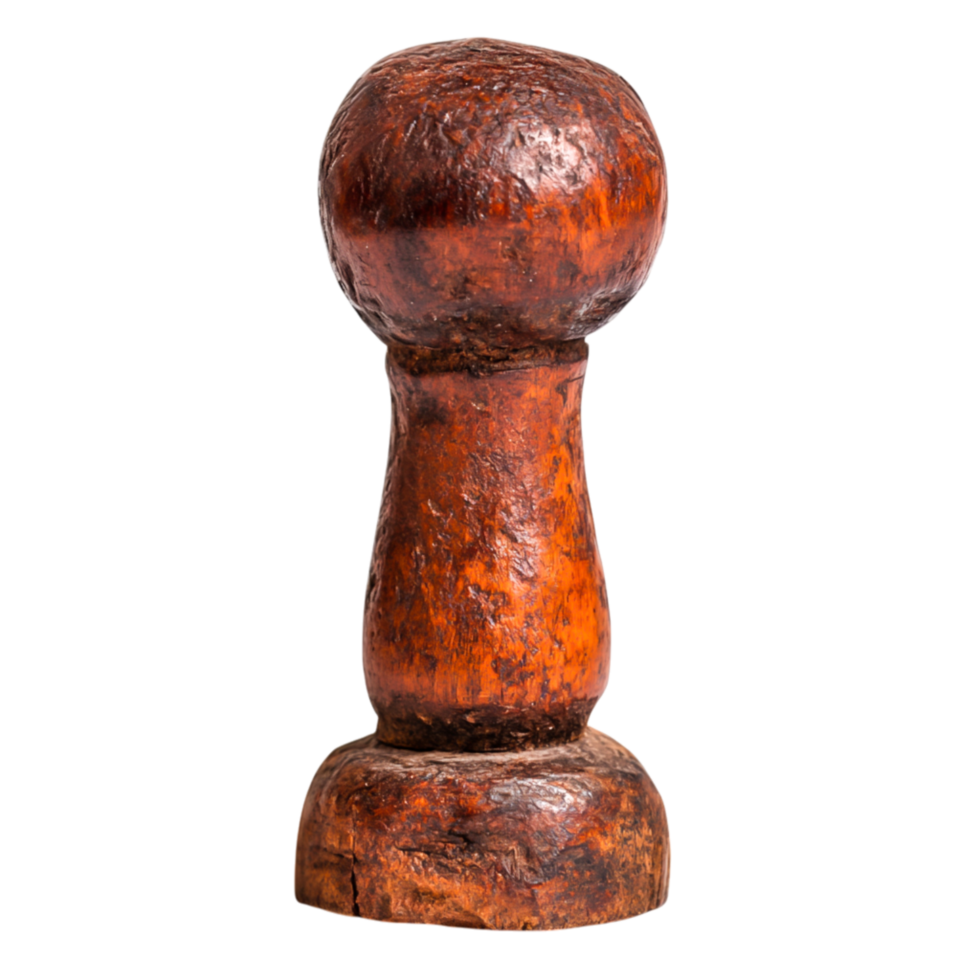 Rustic wooden object with a spherical top and textured base for artistic display png