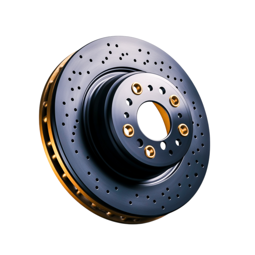 closeup of High-Performance Brake Disc with Ventilation Holes and Gold Accents png