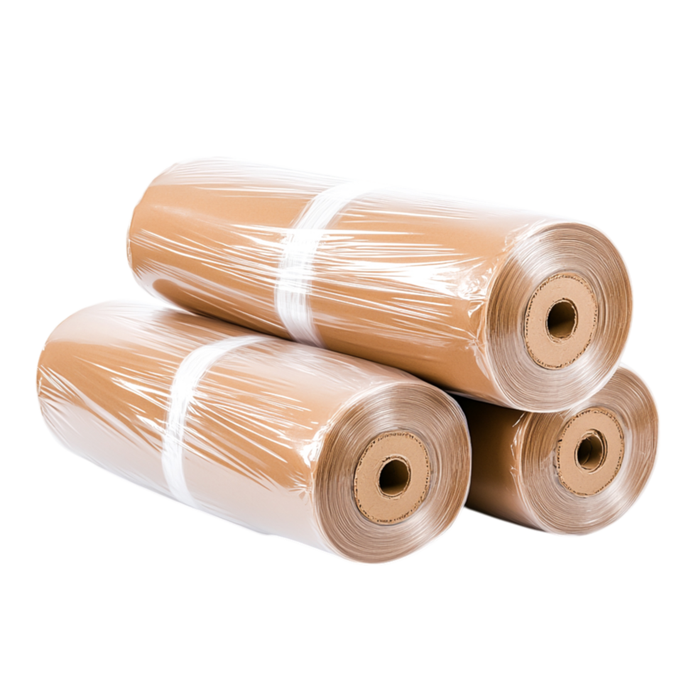 Rolls of brown wrapping paper wrapped in plastic, ideal for packaging and crafting png