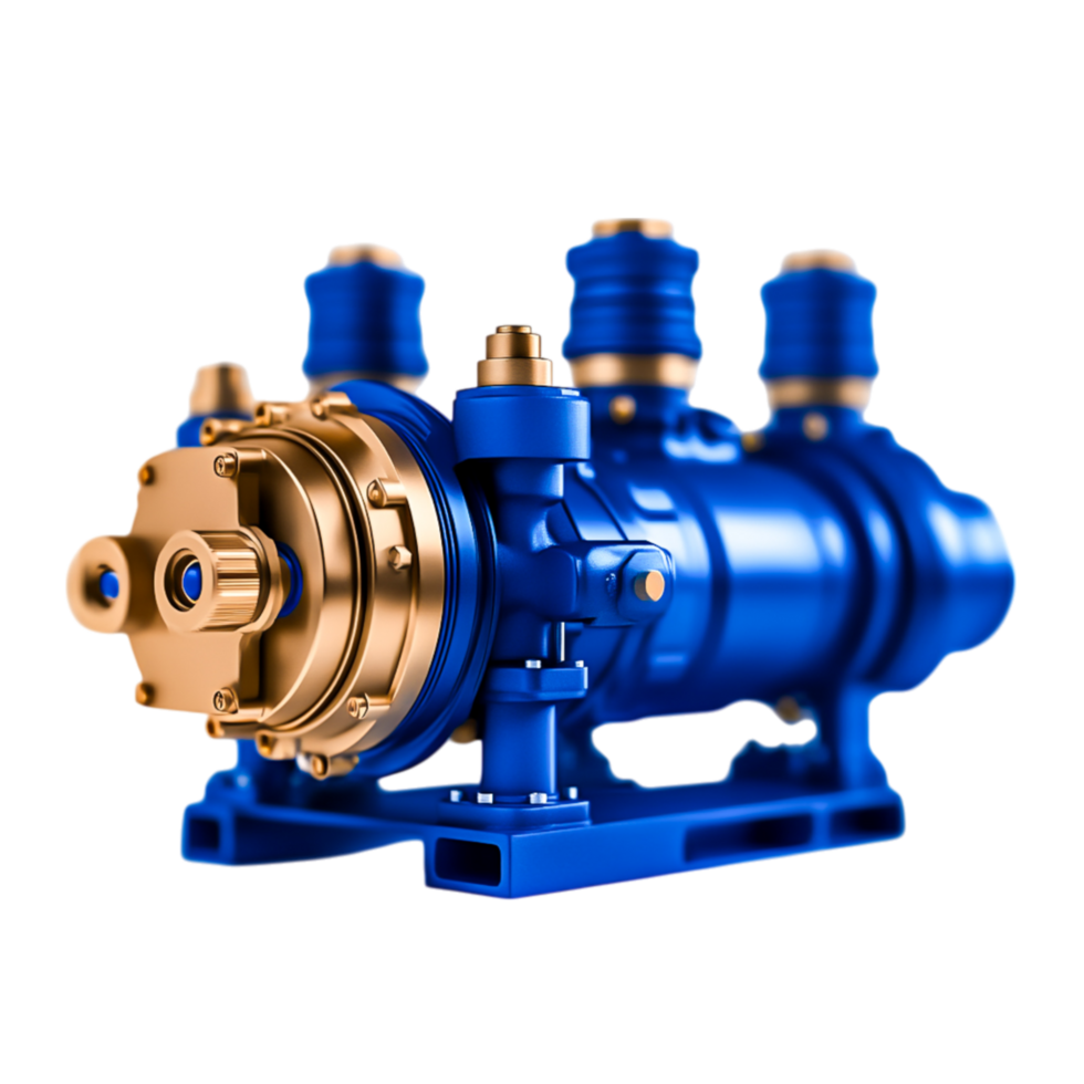 High-Performance Blue Pump with Golden Accents for Industrial Applications png