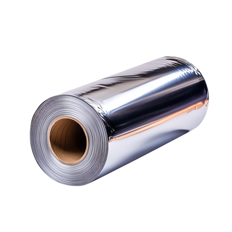 Roll of shiny aluminum foil resting for kitchen or packaging use png