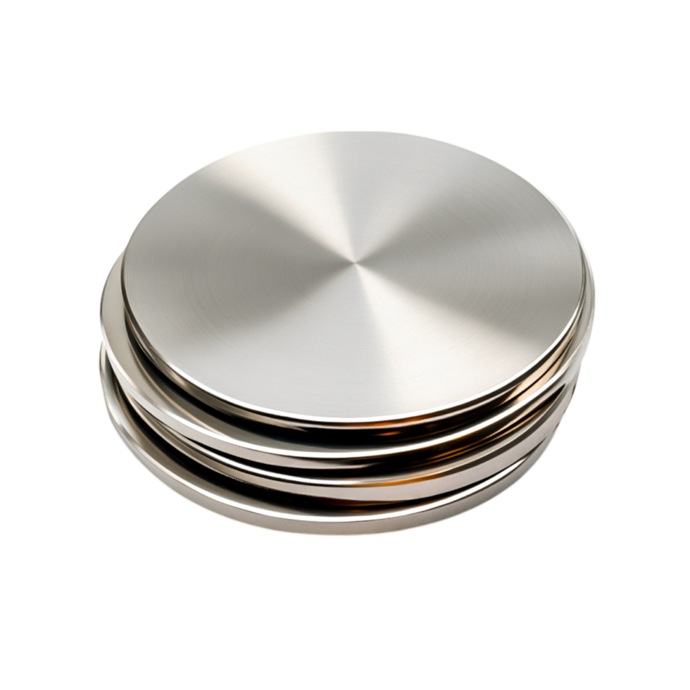Stack of Polished Metal Discs with Smooth Surface and Reflections on png