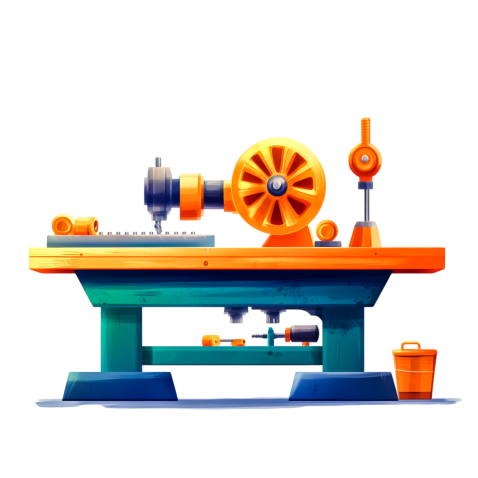 Colorful Workshop Lathe with Tools and Accessories for Woodworking and Metalwork png
