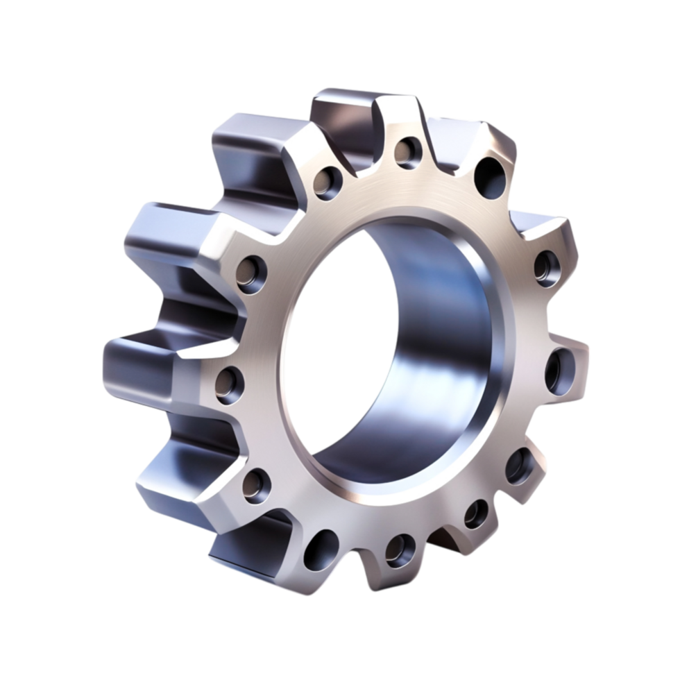 Metallic mechanical gear with a shiny finish designed for industrial applications png