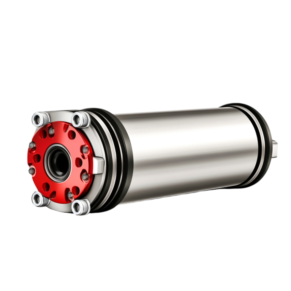 Metallic Shock Absorber Component with Red Base and Silver Cylinder Design png