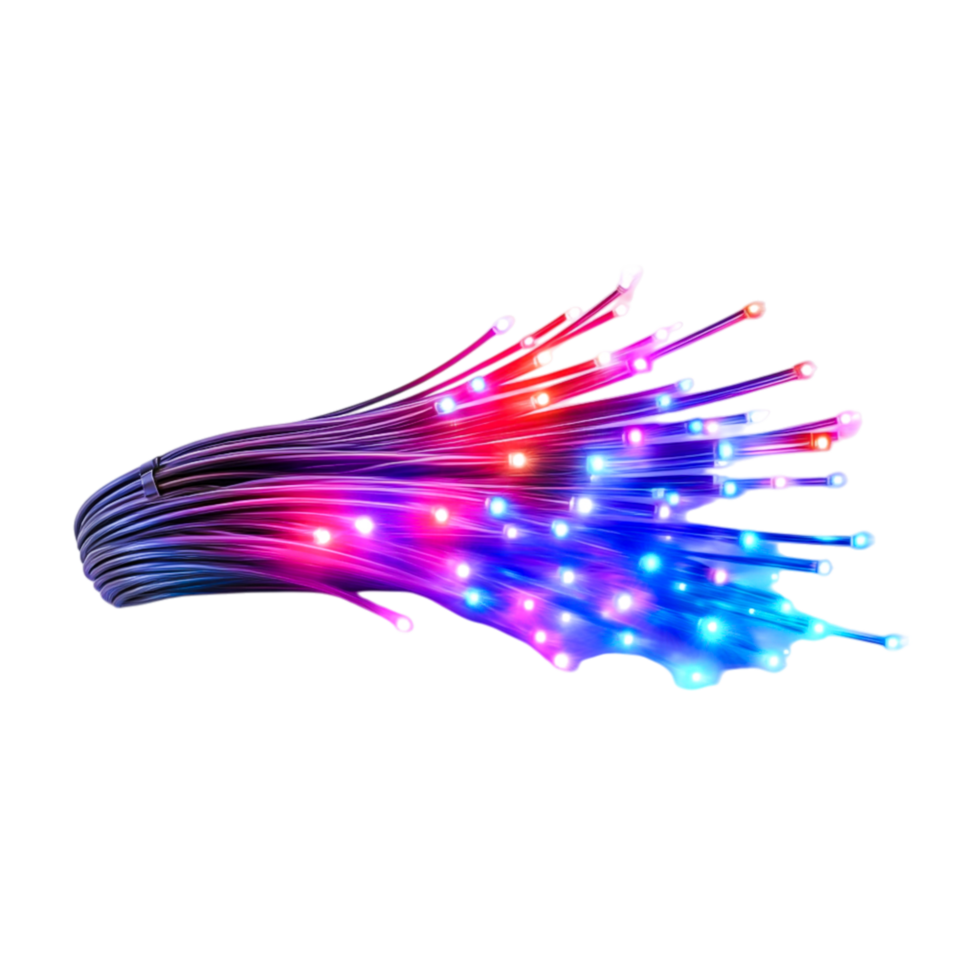 Colorful Fiber Optic Cables with Bright LEDs on Dark Background for Technology Themes png