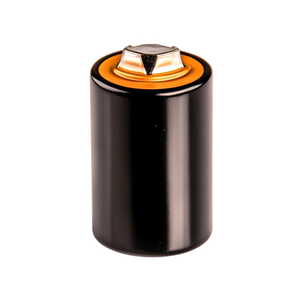 Black cylindrical battery with metallic top and orange detail, png