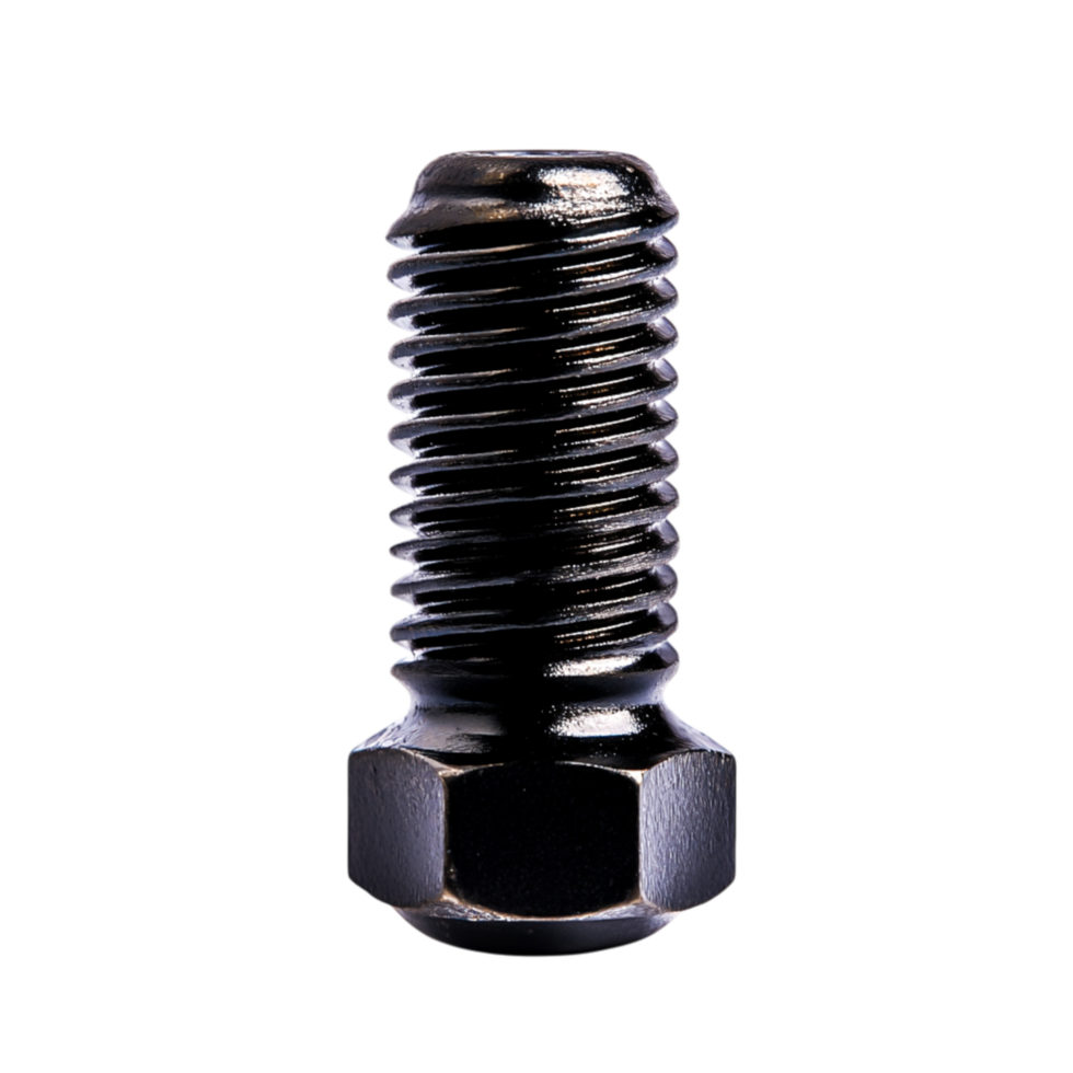 closeup of a Black Metallic Bolt with Threading and Hexagonal Head png