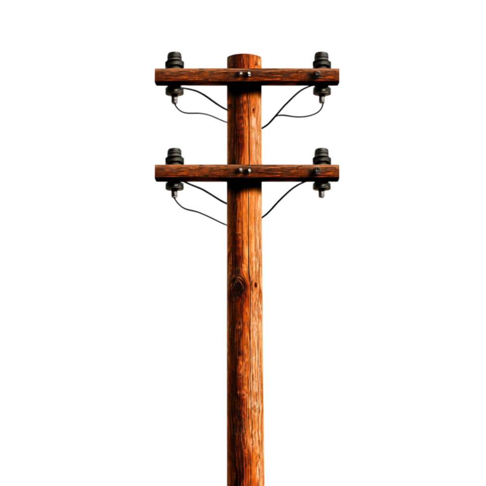 Tall Wooden Power Pole with Electric Insulators Against a png