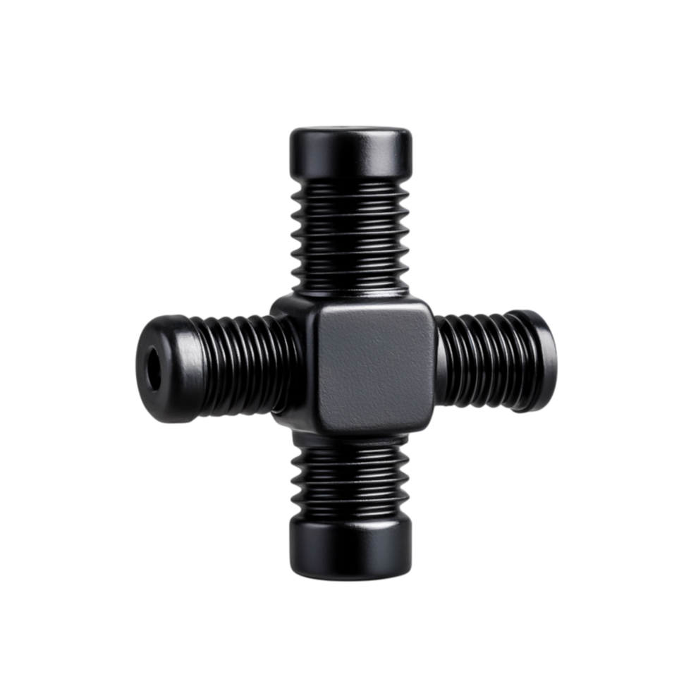 Black Cross-Shaped Connector with Four Inputs for Plumbing and Mechanical Use png