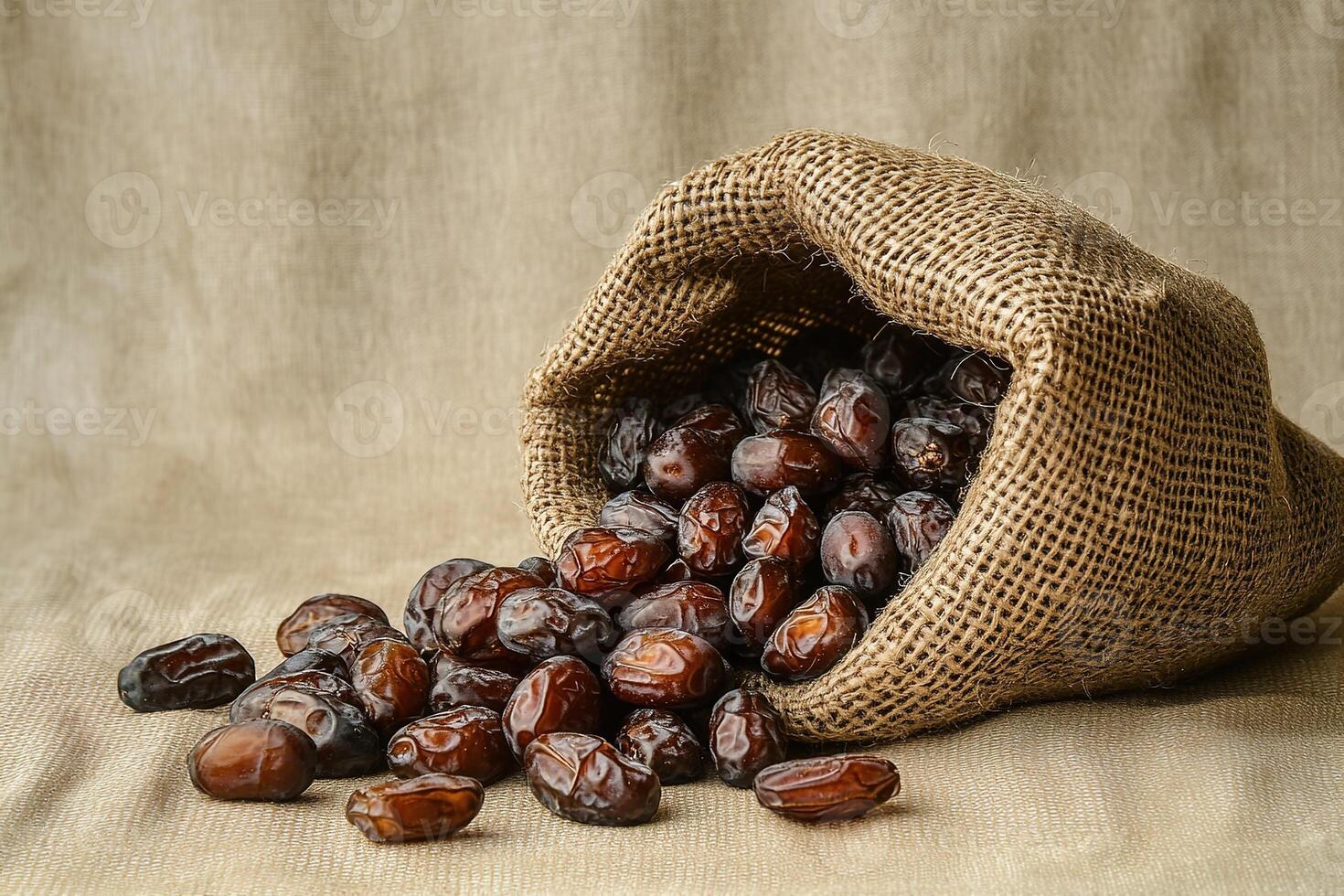 Closeup photo of glossy dried dates spilling from a rustic jute bag onto a textured beige surface. Ideal for organic food, market scenes and culinary concepts