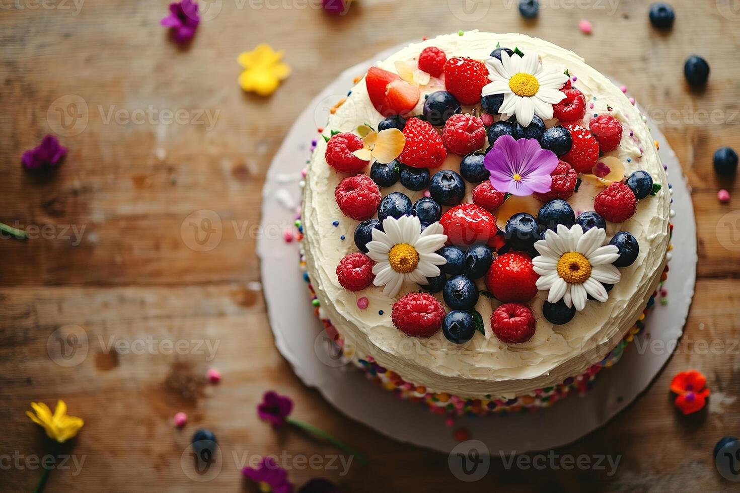 top view rustic dessert composition featuring handcrafted cake topped with edible flowers and seasonal berries on wooden table with copy space photo