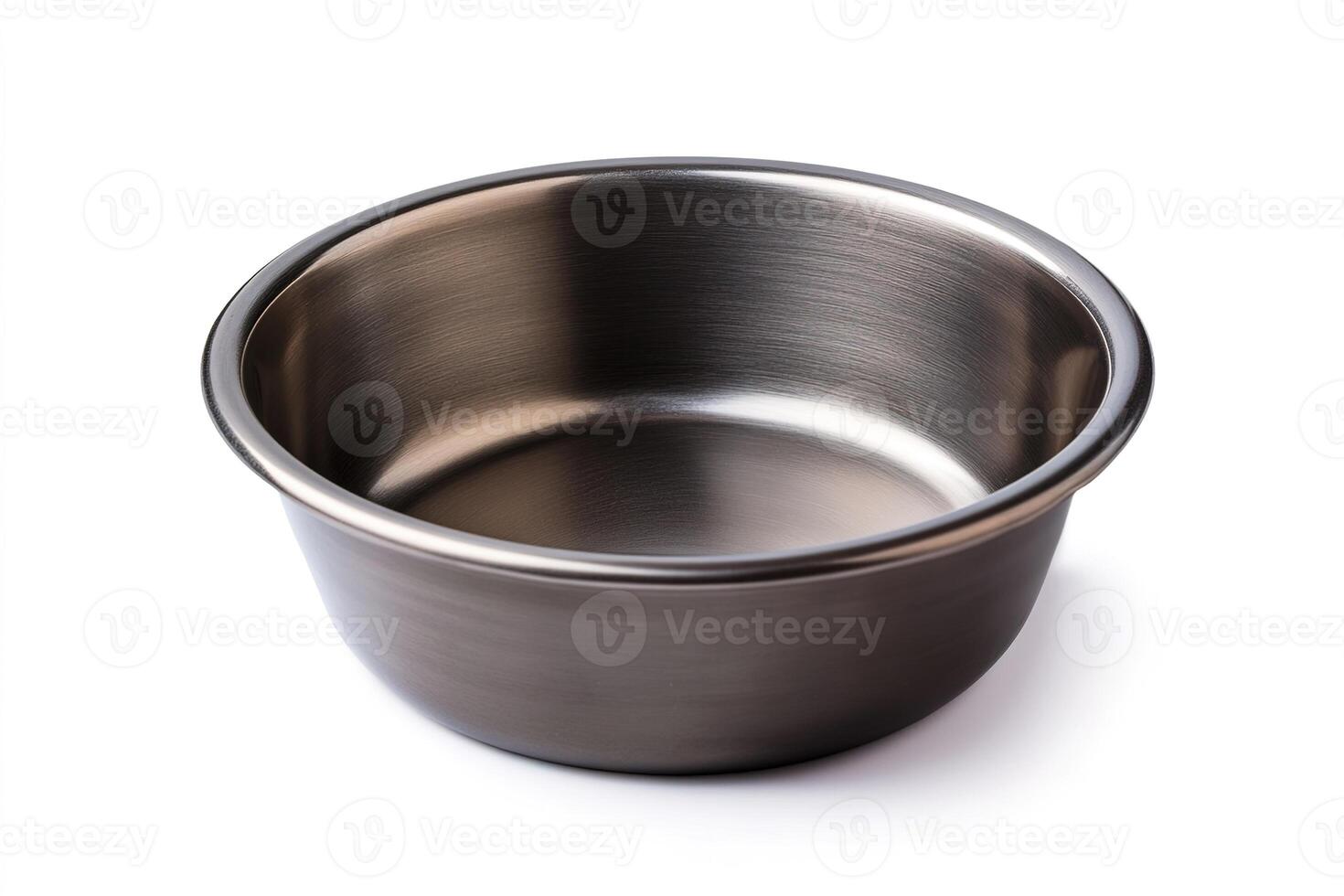 durable metal pet bowl isolated on white background. Symbolizing simplicity and efficiency, design element for concepts of pet feeding, home essentials, product catalog presentations photo