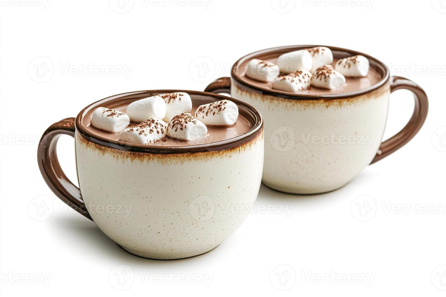 close-up two ceramic cup of hot chocolate with marshmallows isolated on white background photo